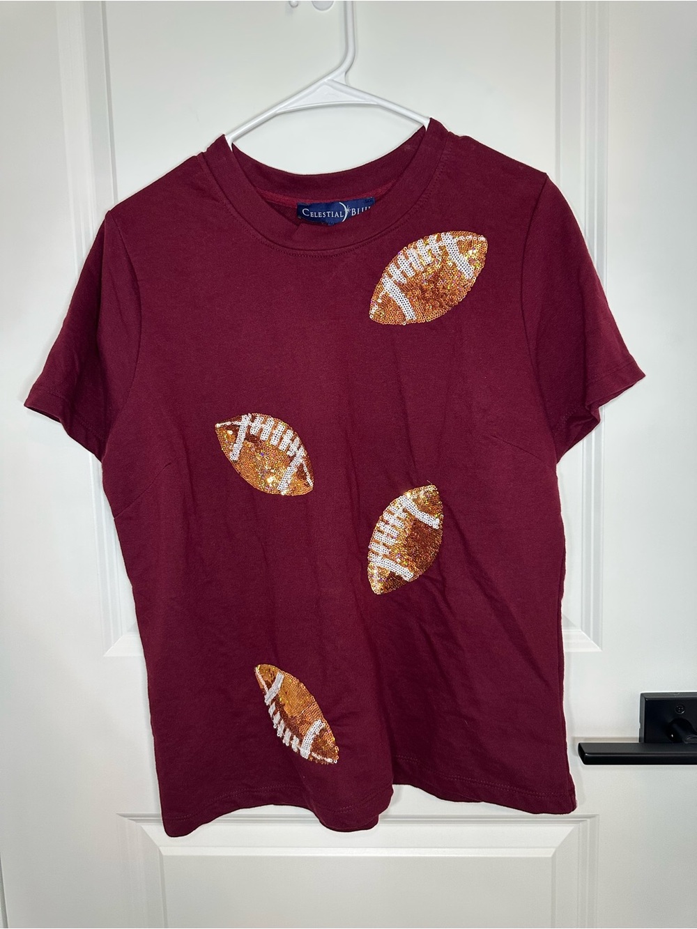 Maroon Short Sleeve Sequin Football Tee